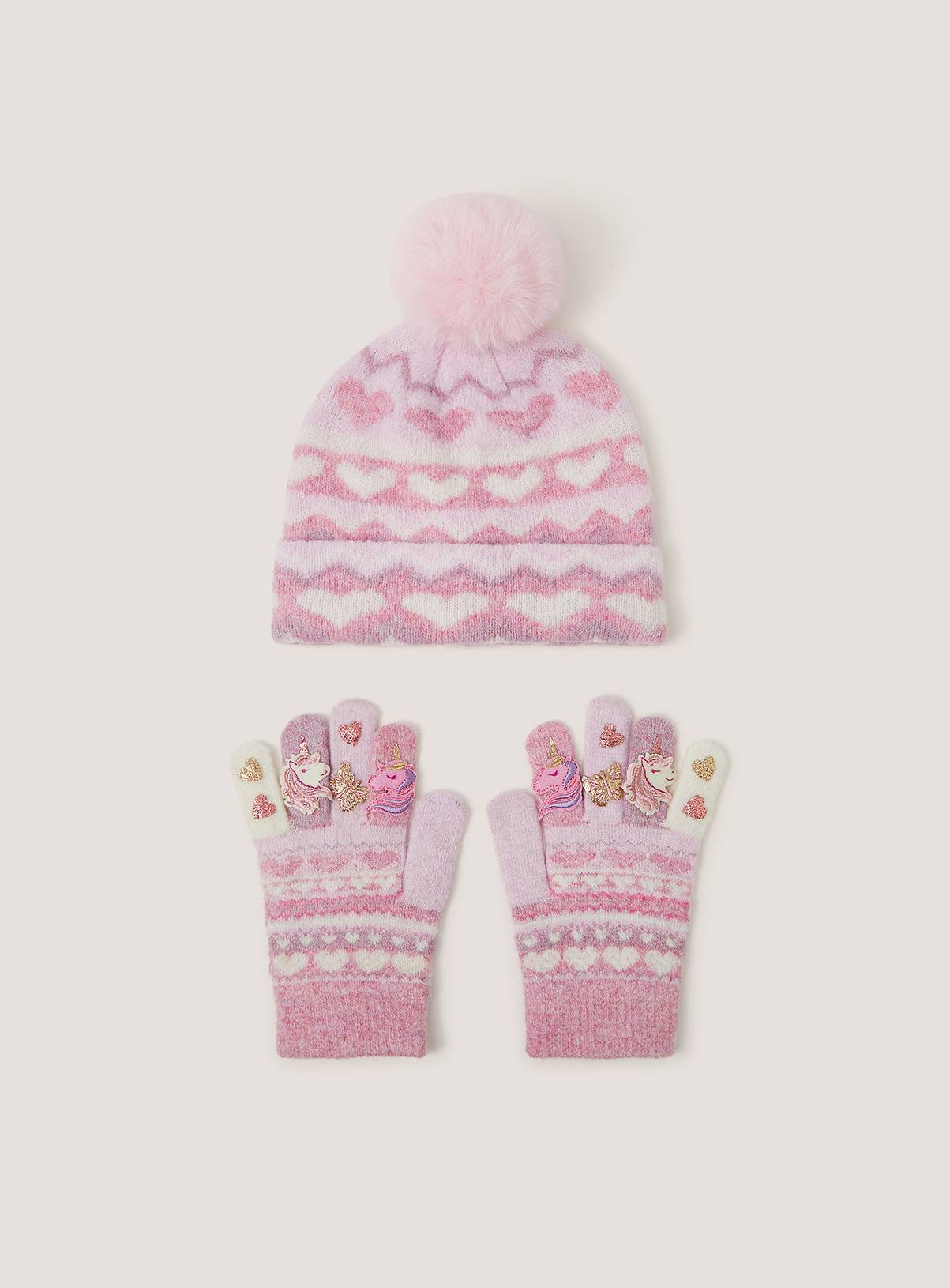 MONSOON Unicorn Bobble Hat and Gloves Set 6-13 Years - Image 1